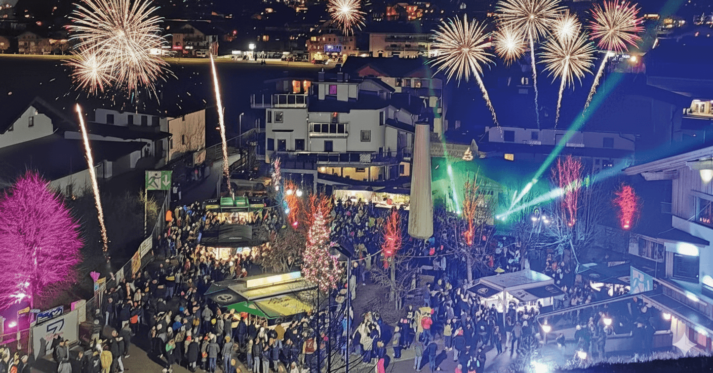 Bunter Vorsilvester-Karneval mit Personen in lustigen Kostümen, Musik und Unterhaltung, Event zur Stärkung der regionalen Gemeinschaft in Zillertal, Tirol